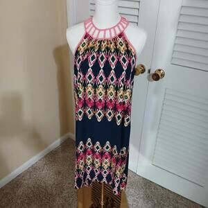 Minteau Couture 16(XL) Halter Dress A Line Navy/Pink/Green Cut-Out Neck Lined
